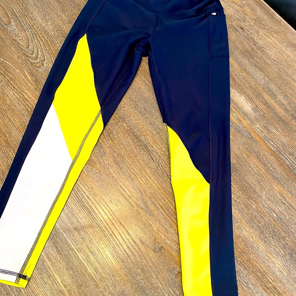 X by Gotex: Navy leggings. Color blocked by Yellow and white stripes